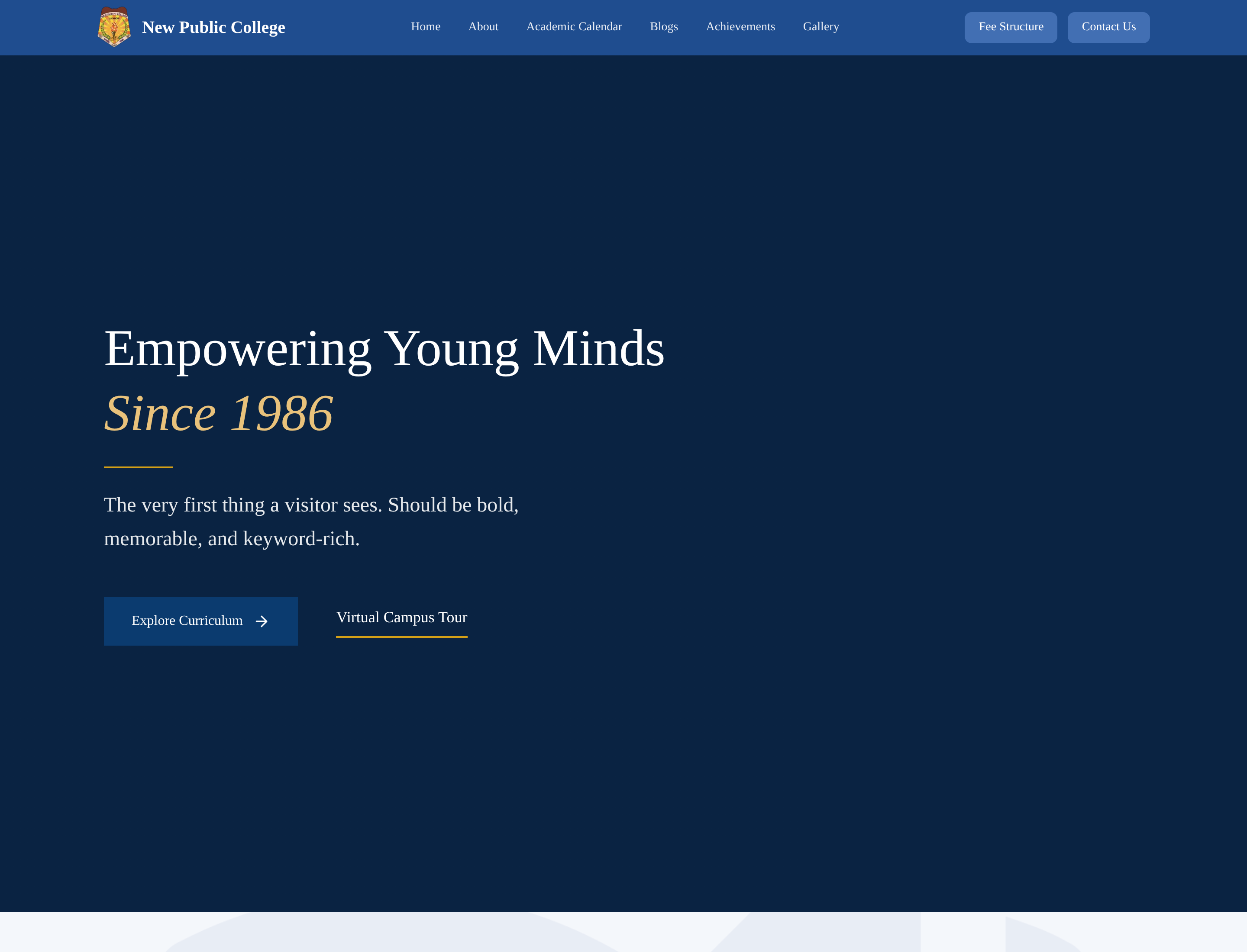 Live New Public College website homepage — Empowering Young Minds Since 1986 hero with Explore Curriculum and Virtual Campus Tour calls to action