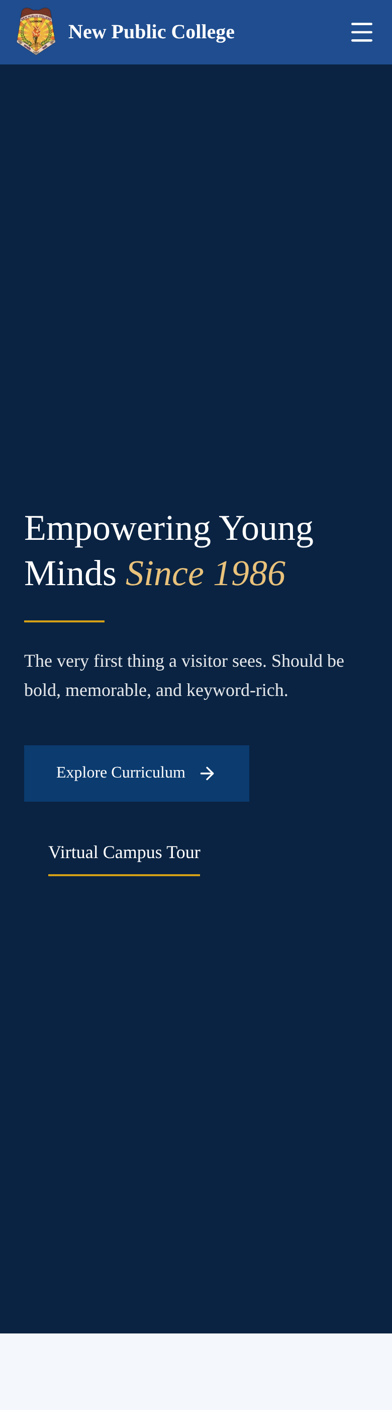 New Public College website on a mobile viewport, showing the stacked hero, headline and calls to action