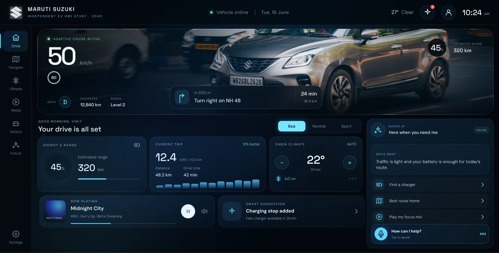 Maruti Suzuki EV HMI primary drive dashboard