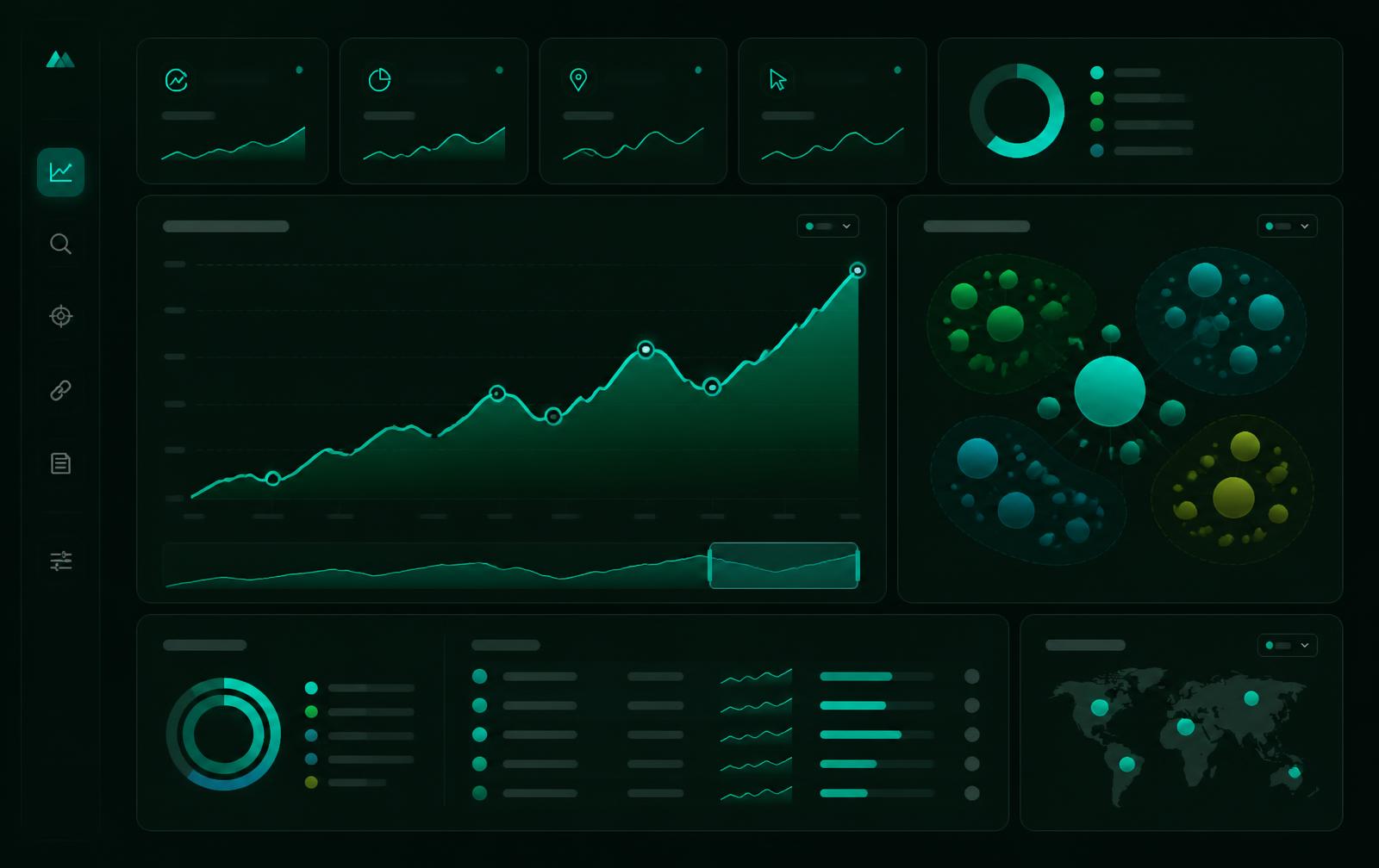 Concept SEO dashboard showing organic growth curve and keyword cluster map